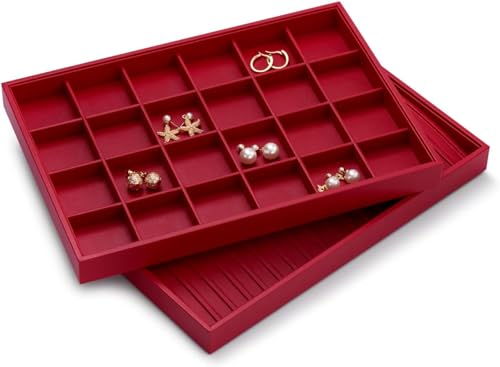 Leather Jewelry Trays 24 Grids Earrings Tray Jewelry Display Tray Stackable Ring Earring Organizer Tray Jewelry Trays For Drawers Rings Earrings Holder (Red)