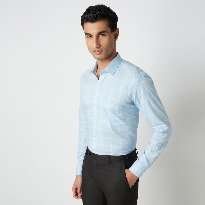 Image of MARK & ALBERT 100% Cotton Full Sleeves Regular Fit Formal Shirt for Men Blue
