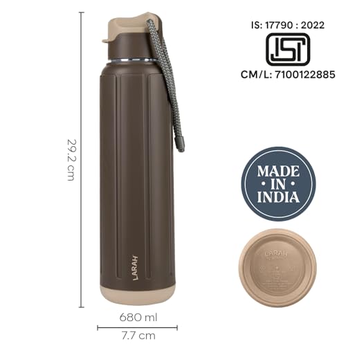 Image of Larah by Borosil 680 ml Amaze Brown Stainless Steel Water Bottle | Made in India Pu Insulated Thermoware | Leakproof, BPA Free| Bottle for Office, School, College & Gym, Daily Use | 1 Year Warranty