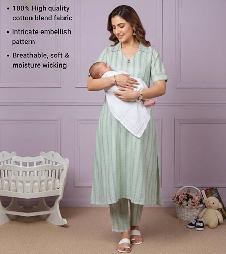 Image of DUMMY SHAPE Feeding Dresses for Women Full Set | Cotton Blend Maternity Kurta Pant Suit with Dual Nursing Zippers, Side Pocket to Pre & Post Pregnancy | Mom to Be Gifts
