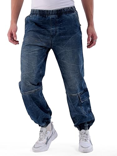 Image of The Indian Garage Co Men Loose Fit Solid Mid-Rise Stretchable Denim Joggers
