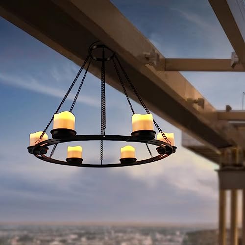 Outdoor Chandelier Solar, Hanging Candle Lantern with 7pcs Solar Powered Votive Lights in Matt Black Finished Metal Candle Holders for Home, Garden, Backyard, Pergola, Gazebo, Tree, Window Decor by TWINKVILLA - Used condition - US$35.29