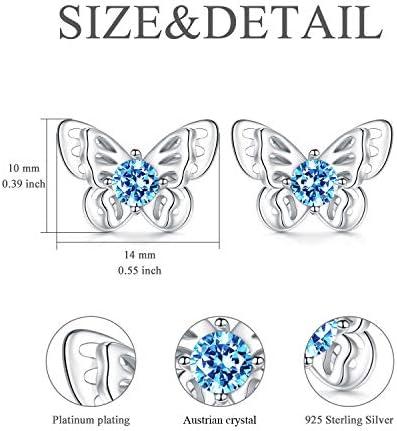 925 Sterling Silver Butterfly Stud Earrings with Birthstone Crystals, Butterfly Jewellery Birthday Gifts for Women Girls Kids Daughter
