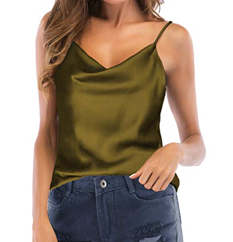 TOUTOUAI Women's Silk Satin Camisole Cowl Neck Tank Top Cami Silky Basic Tank Shirt Blouses (Army Green, 12)