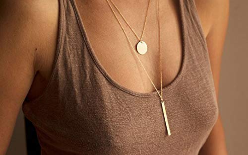 Artmiss Bar Pendant Necklace Women Gold Simple Multilayer Long Y Necklace Minimalist Coin Sequins Chain for Girls (Silver)