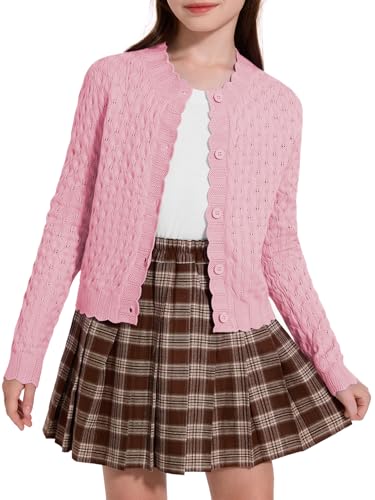 YKR Girls Cardigan Sweaters Long Sleeve Cable Knitted Cropped Sweater Button Closure Tops 5-12Y