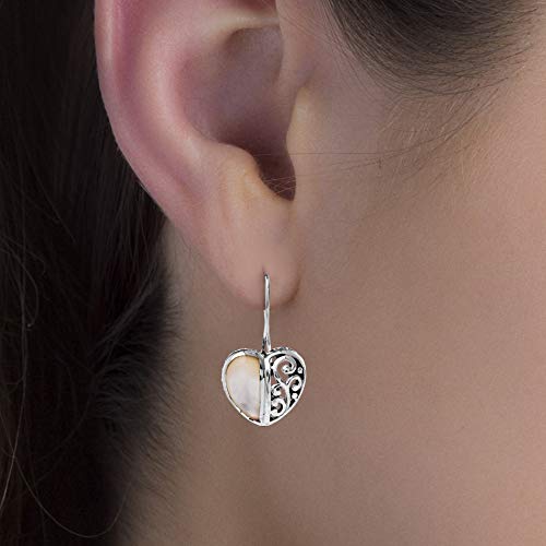 Willowbird Rhodium Plated Oxidized Sterling Silver Mother of Pearl Filigree Heart French Wire Drop Earrings for Women4