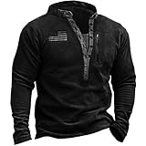 HARGLESMAN Mens Fleece Sweatshirt Henry Collar V-Neck Button Up American Flag Pullover Sweaters Warm