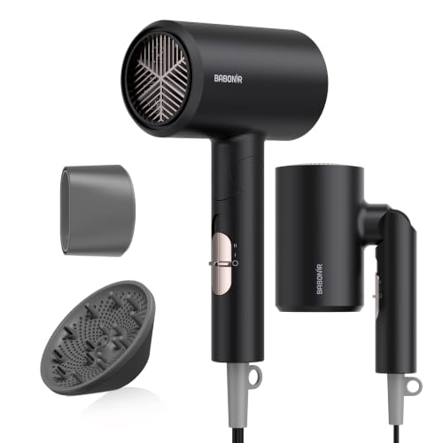 Image of BABONIR 1875W Hair Dryer with Diffuser, Ionic Foldable Blow Dryer, Black | Fast Drying for Frizzy, Curly & All Hair Types, 3 Heat & 2 Speed, Concentrator & Diffuser, Compact for Home, Women & Men