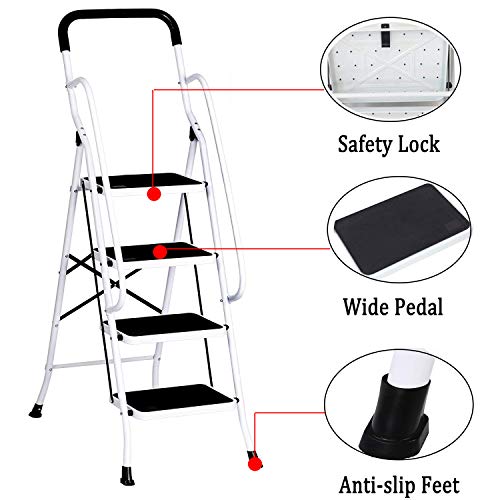 KARMAS PRODUCT 4 Step Ladder with Handles Folding Kitchen Step Stool for Home,Anti-Slip Safty Steel Ladders 330LB