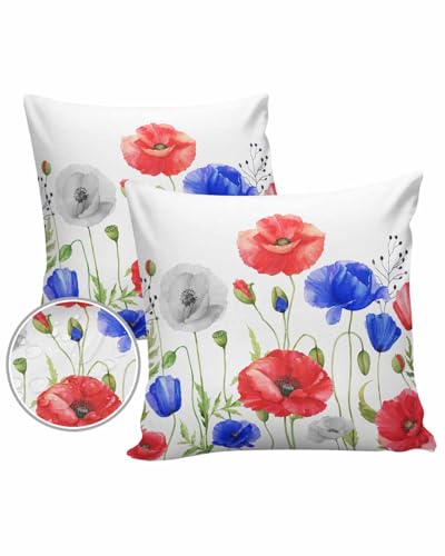 Blue Red Floral Outdoor Pillow Cover 24x24 Inch Cushion Sham Case,Waterproof Decorative Square Throw Pillowcase for Garden Patio Couch Chair Tent 4th of July Patriotic Memorial Day Botanical Plant