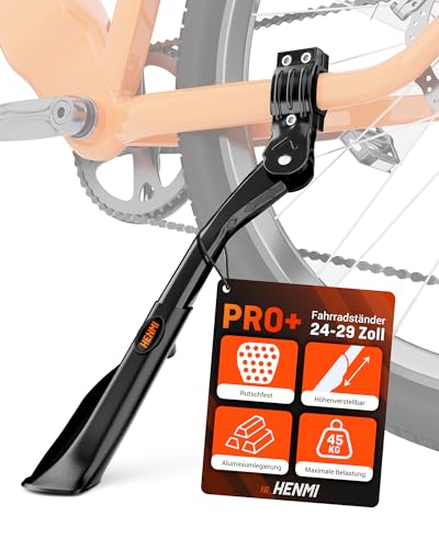 HENMI Fahrradständer 24-29 Zoll, Universal Fahrrad Ständer Pro+, Aluminiumlegierung Seitenständer Hinterbauständer mit Anti-Rutsch Gummifuß für E-Bike Mountainbike Rennrad Cityrad Trekkingrad