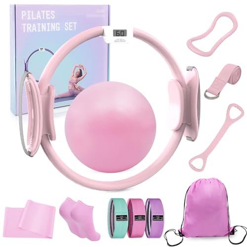 GigaFit Pilates Kit Pilates Ring Pilates Set Pilates Ball Set Magic Circle Hoop with 3 Resistance Bands Yoga Strap for Home Workouts for Beginners
