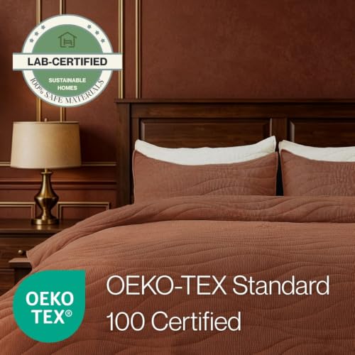 Image of DOWN HOME Crinkle Textured Velvet Quilt Set with Shams, All-Season Luxury Modern Bedding,Easy Care Comforter,Ultra-Soft,Lightweight & Breathable, Cali King, Rosewood Brown