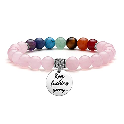 Jovivi 7 Chakra Bracelet Natural Gemstone Rose Quartz Healing Crystals Stone Bracelet Keep Going Inspirational Mala Yoga Message Charm Stretch Bracelets