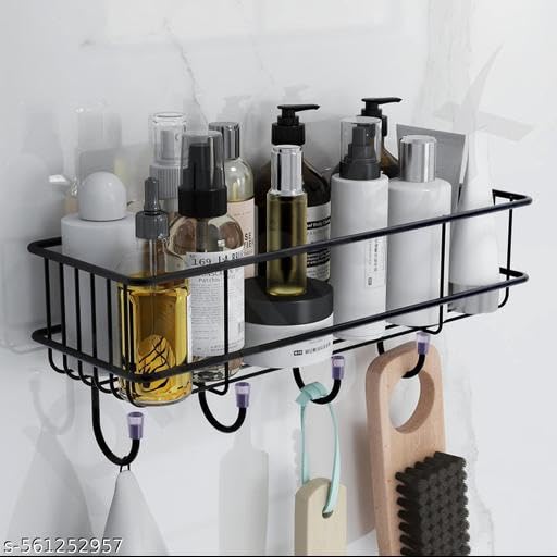 Bathroom Shelves - Kitchen Storage – Self Adhesive Bathroom Shelf and Shampoo Holder with 4 Hook Adhesive Shower Caddy Metal Shelf-Black-2 Pcs-image-15