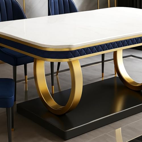 Image of 6-Seater Dining Table with Nano Composite Marble Top and PVC Golden Wooden Base |2yr Warranty - Includes 6 Fabric Upholstered Chairs (Blue, White Nano Composite Marble Top)