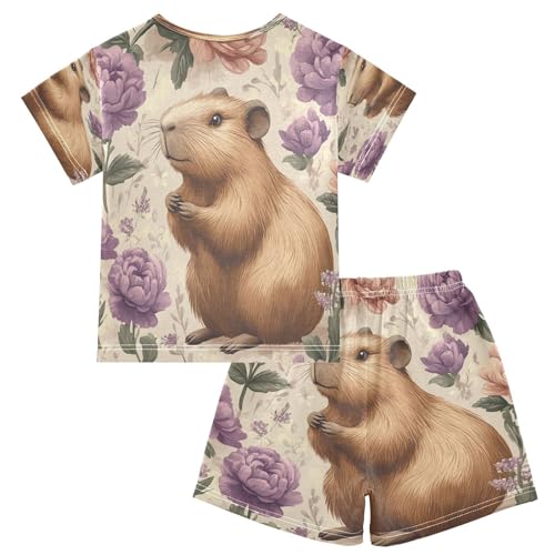 Pajama Sets Short Sleeve Floral Guinea Pig Pattern Soft Cotton Summer Sleepwear 2 Piece PJS Size 5-14T2