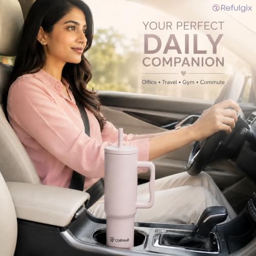 Image of REFULGIX ChillVault 1200ml Stainless Steel Tumbler | Double-Wall Insulated Travel Mug with Handle, 2 Straws & Leak-Proof Lid | Keeps Drinks Hot & Cold | Creamstone