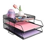 EasyOFC 2-Tier Mesh in Trays Desk Organiser,Office File Holder with Stationery Storage Paper Document Letter Organiser with Top Stationery Holder,Black