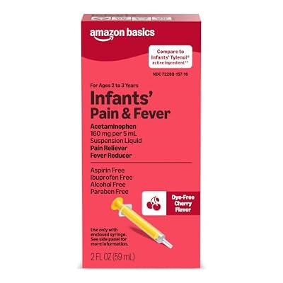 Amazon Basics Infants' Pain & Fever, Acetaminophen 160 mg per 5 mL, Suspension Liquid, Dye-Free Cherry Flavor, 2 fl oz (Pack of 1) (Previously Care)