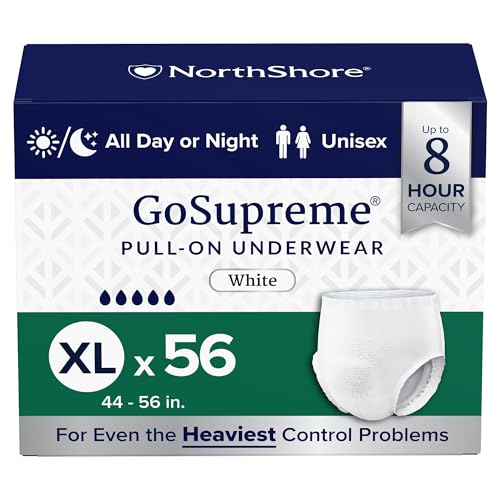 NorthShore GoSupreme Overnight Pull-On Underwear, 8-Hour Leak Protection, X-Large, 56-Count Case, White, (44-56 in Waist), Unisex Adult Diapers