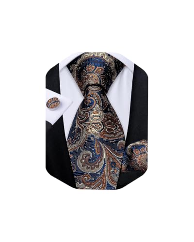 Image of DiBanGu Mens Paisley Tie Sets Silk Jacquard Woven Floral Necktie and Pocket Square Cufflinks Wedding Business Party