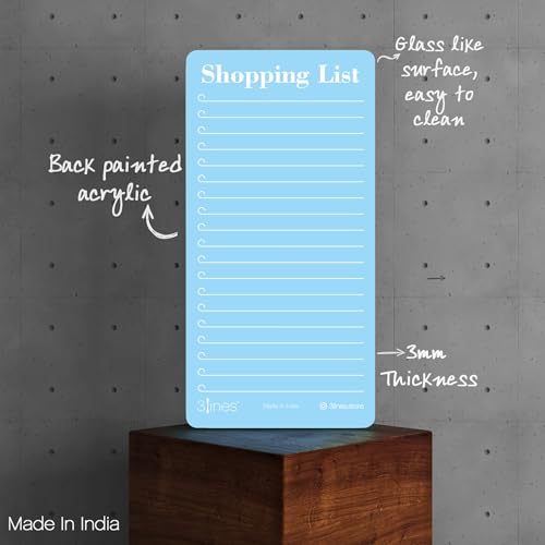 Image of 3 Lines Shopping List Fridge Magnet with Marker|Smart Planning & Shopping for Family, Working Professionals| Acrylic Magnetic Notepad for Kitchen Organisation|12x24 cms|Light Blueberry Color|Large