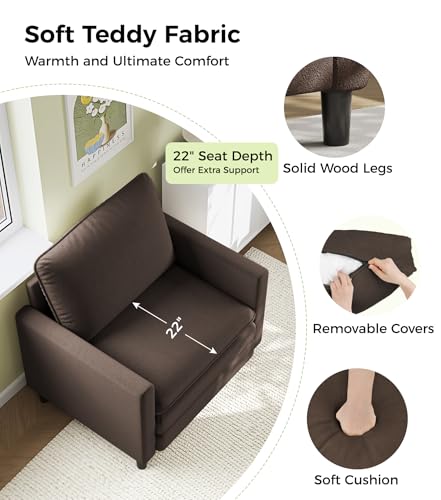 Image of Welzona 3-Layers Cloud Accent Chair, 33 inch Reading Chair, Teddy Arm Chairs | Comfy Teddy Fabric, Washable Covers, Tool-Free Setup, All-wood Couch Chair for Living Room, Bedroom, Reading Nook, Brown