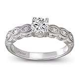 Jeulia Solitaire Engagement Ring for Women Classic Milgrain Round Cut Moissanite Wedding Band 925 Sterling Silver Promise Ring for Her Simulated Lab Diamond Anniversary Rings with Giftbox (White, S-½)