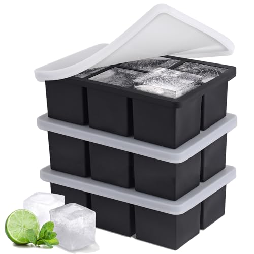 Ice Cube Tray, SLGOL Ice Trays for Freezer with Lid, Easy Release large Ice Cube Molds, Silicone ice cubes mold for Whiskey, Stackable Square Ice Tray for Cocktails Whiskey 【6 square 3 Pack】