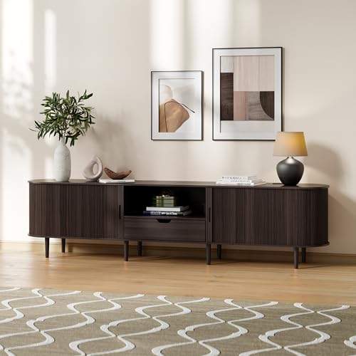 Image of DHH 86.6 inch Fluted TV Stand with Power Outlet for TVs up to 90 inch, TV Console with Adjustable Shelves and Sliding Door,Mid Century Modern Entertainment Center for Living Room,Bedroom (Dark Walnut)