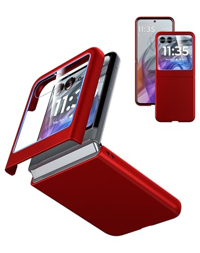 Cresee Case for Motorola Razr 2024/2025 - with Built-in Cover Screen Protector, Thin Hard Matte Polycarbonate Cover Phone Case for Moto Razr 2024/2025 - Red+Glass