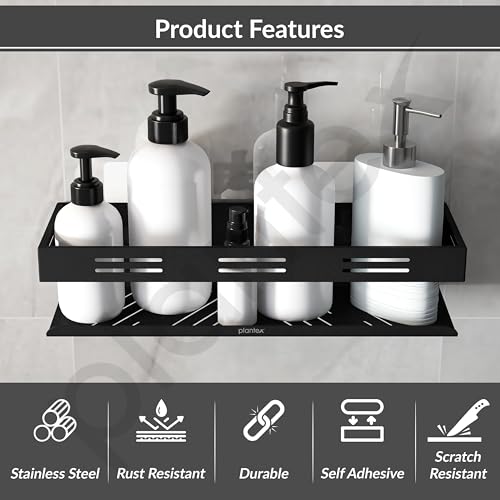 Image of Plantex Self Adhesive Bathroom Shelf /Bathroom Organizer Without Drill /Stainless Steel Kitchen Wall Rack Shelf-Pack of 1 (12 x 4 Inch - Black)