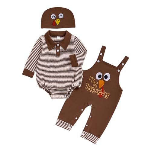 Baby Boy Thanksgiving Outfit Bubble Romper Lapel Waffle Striped Long Sleeve Onesie Turkey Overalls Pants Set Hat