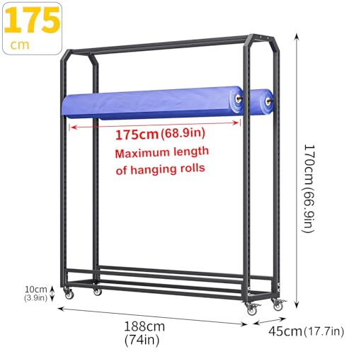 Carrello portaoggetti regolabile in tessuto Lar – 10 aste per carta da parati in pelle vinilica per uso commerciale, rotolo per pellicola che cambia colore, altezza 175 cm