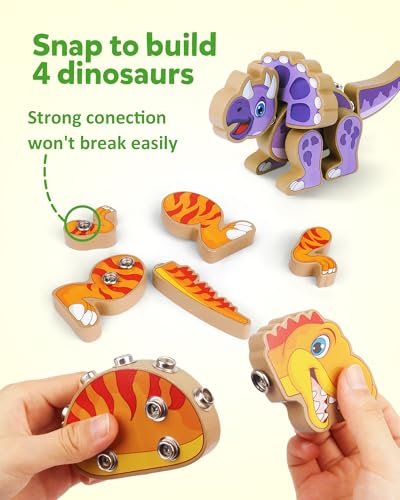 Coogam Build Your Own Dinosaurs Toy, Snap Together Building Dinosaurs Playset, Wooden STEM Take Apart Dinosaur Builder, Montessoi Fine Motor Building Toy Gift for 3 4 5 Years Old Kids