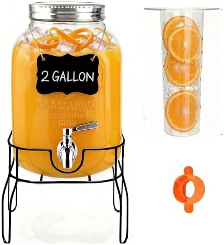2 Gallon Glass Beverage/Drink Dispenser with Stand, Lid & Ice Cor...