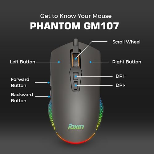 Image of Foxin Phantom GM 107 USB Wired Gaming Mouse with Upto 7200 DPI Gaming Sensor | 7 Buttons | Upto 10 Million Clicks | 7 Colours Rainbow Lighting | Ergonomic Design | 1.5m Cable (Black)