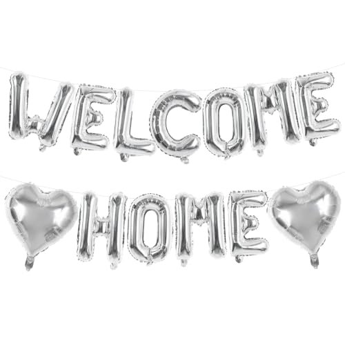 Image of TONIFUL Silver Welcome Home Balloon Set - 16 Inch Mylar Foil Letter Balloons with Silver Heart Balloons for New Home, Housewarming, Welcome Back, Military Homecoming, Retirement Party Decorations