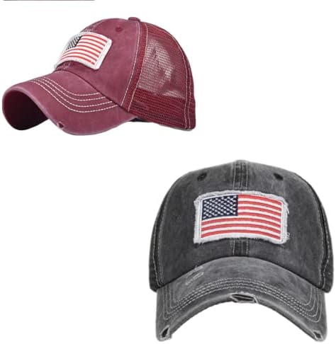2 Pack Women & Men Baseball Cap with American Flag high Ponytail New Unisex Summer Messy Hair Bun Pony Cap Embroidery Mesh Adjustable Sports Low Profile Trucker Washed Distressed dad Sun hat Black/Red