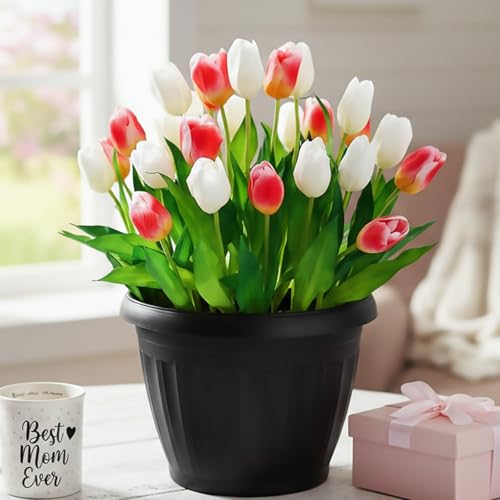 facdiwok 28PCS Artificial Tulips in Pot, Rose Red & White