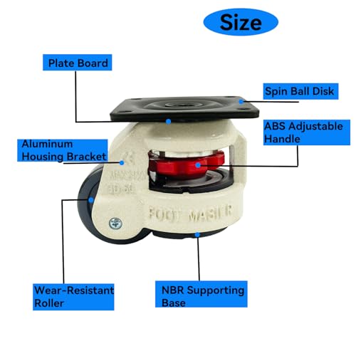 4pcs 2" Leveling Caster Swivel Wheel 60F Retractable Leveling Caster Industrial Machine Swivel Caster Heavy Duty 2200lbs