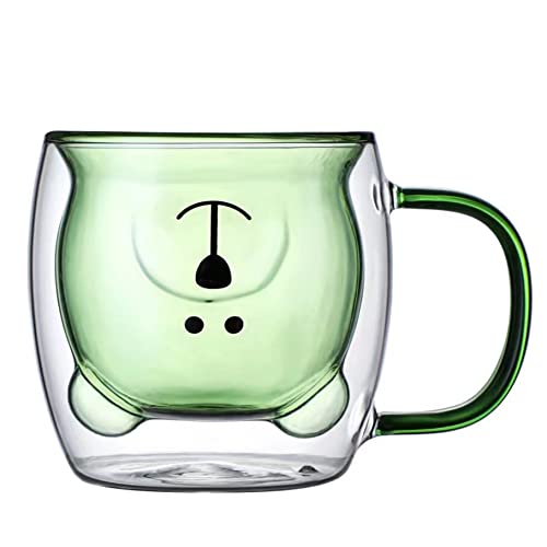 Karvnar Cute Bear Coffee Cup Double Wall Tea Glass Milk Mug with Handle Insulated Espresso Beer Cup Birthday Present for Women Men Valentine's Day, 250 ml/ 8.5 oz, Green