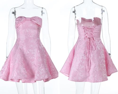 Image of JUMISEE Women's Elegant Bow Strapless Homecoming Dress A Line Swing Tube Mini Dress Short Evening Party Prom Dress