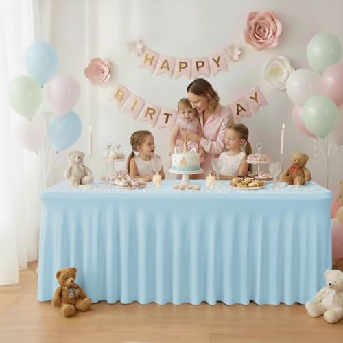 Image of HolidayIdeas 6 Pack 6ft Spandex Table Covers for Baby Shower, Fitted Stretch Table Skirts 30x72 Inch, Wrinkle-Free Floor Length Tablecloths for Weddings, Banquets Events, Baby Blue