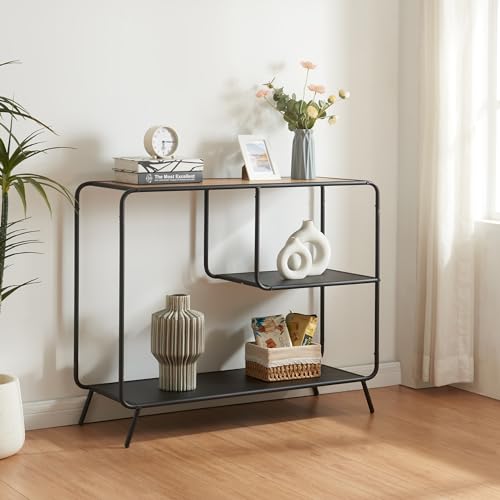 [en.casa] Decorativo Mueble Recibidor en Forma Rectangular Versátil Consola Mesa de Entrada con 2 Estantes Estructura Metálica MDF 83x102x36 cm - Negro y Efecto Roble