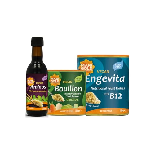 Marigold Kitchen Essentials Pack – Save on Best Sellers | Nutritional Yeast Flakes with B12 100g + Vegetable Bouillon Stock Powder 150g + Liquid Aminos All-Purpose Seasoning 250ml