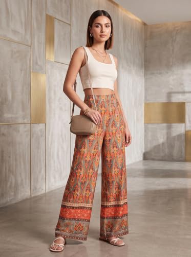 Image of HELLCAT Trousers for Women | Wide Leg Palazzo Pants | Printed High Rise Wide Leg Trouser | Korean Women Casual Vacation Bottom Wear - Pack 1