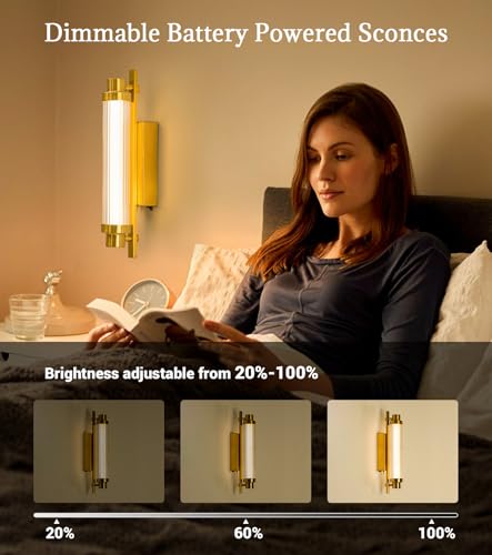 Image of Set of 2 Gold 12000mAh LED Crystal Wireless Battery Wall Sconces | 12000mAh long battery, remote dimmable timer, renter no hardwire crystal light for vanity bathroom living room hallway